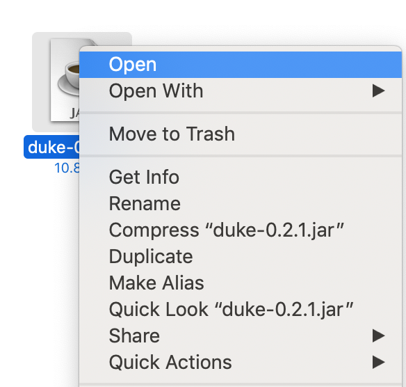 Right click window for Duke jar file
